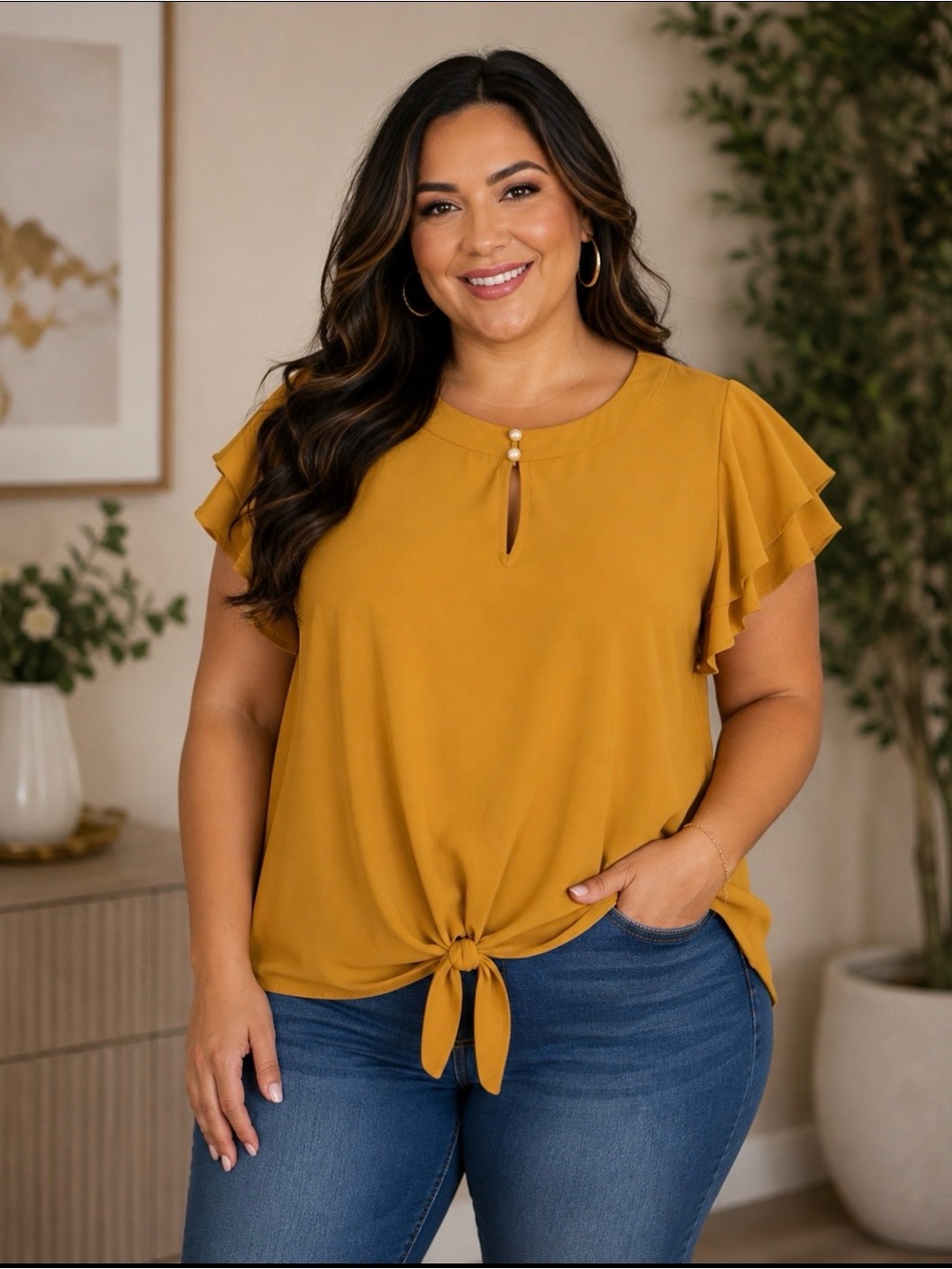 Flutter Sleeve Tie-Front Top in Mustard